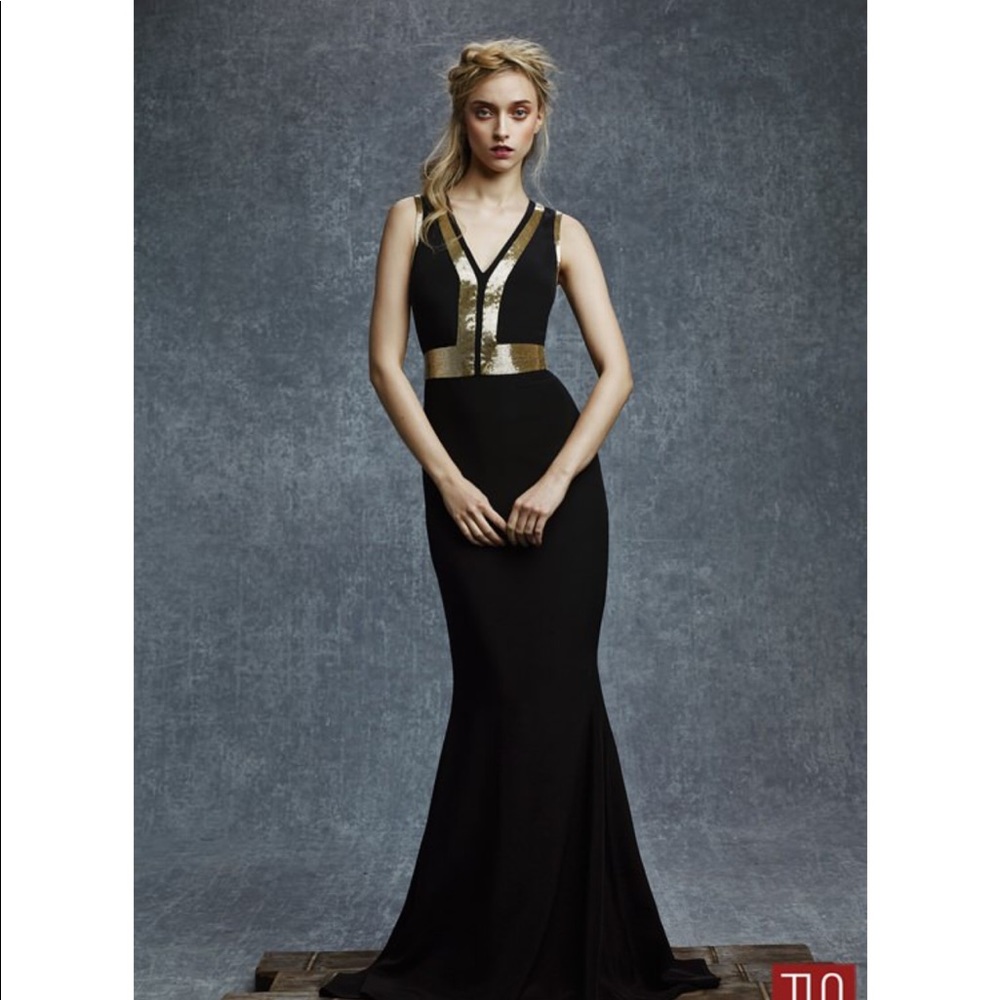 Reem Acra Black Silk Gold Beaded Detail Gown Sz 10